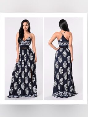 Navy Floral Maxi Crochet Waistband L Babydoll Summer Dress Adjustable Straps